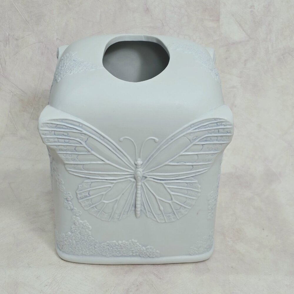 First Coastal Designs Butterfly Tissue Box Cover Ceramic Mexico Ivory + Blue